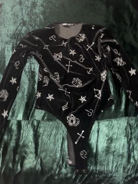 Dolls Kill Black Velvet Astrological Embroidered Bodysuit